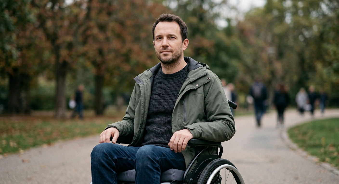 Person using a wheelchair looking forward with quiet resolve.