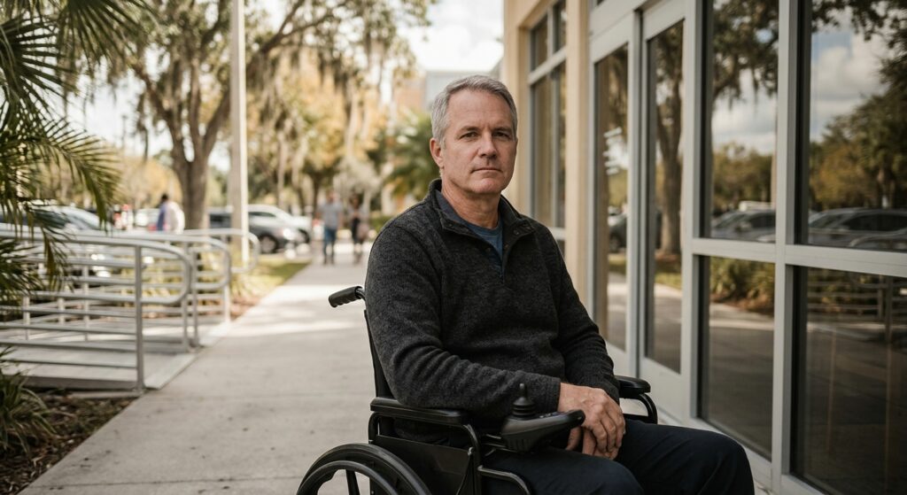 Person using a wheelchair looking forward with quiet resolve after a catastrophic spinal injury.