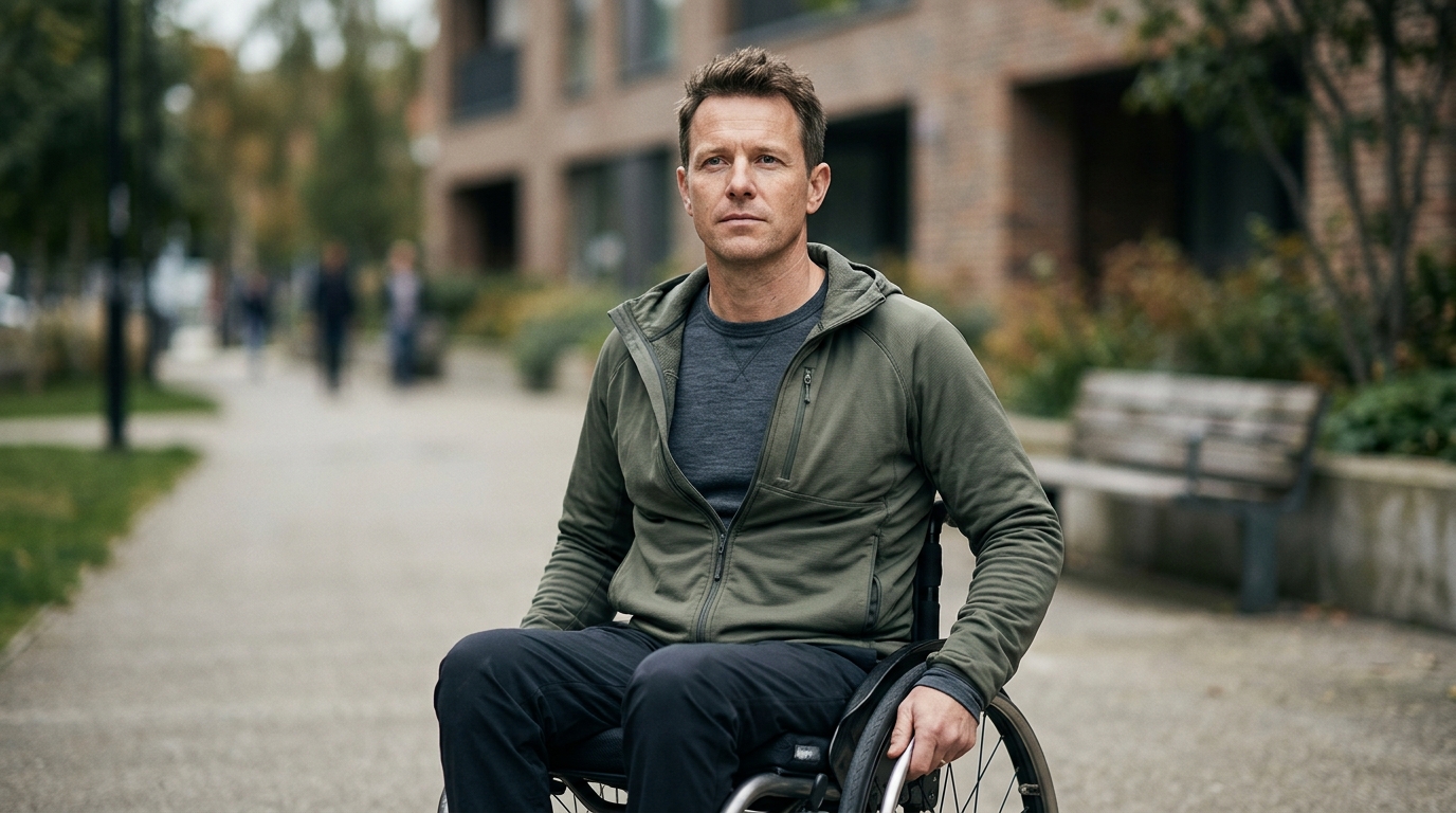 Person using a wheelchair looking forward with quiet resolve after a catastrophic spinal injury.