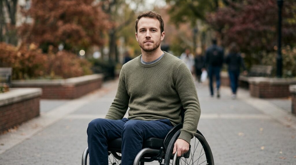 Person using a wheelchair looking forward with quiet resolve after a catastrophic spinal injury.