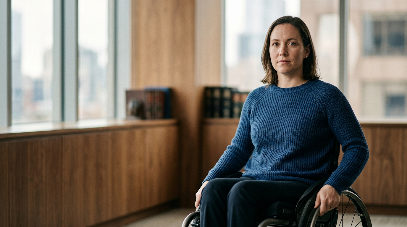 Person using a wheelchair looking forward with quiet resolve after a catastrophic spinal injury.