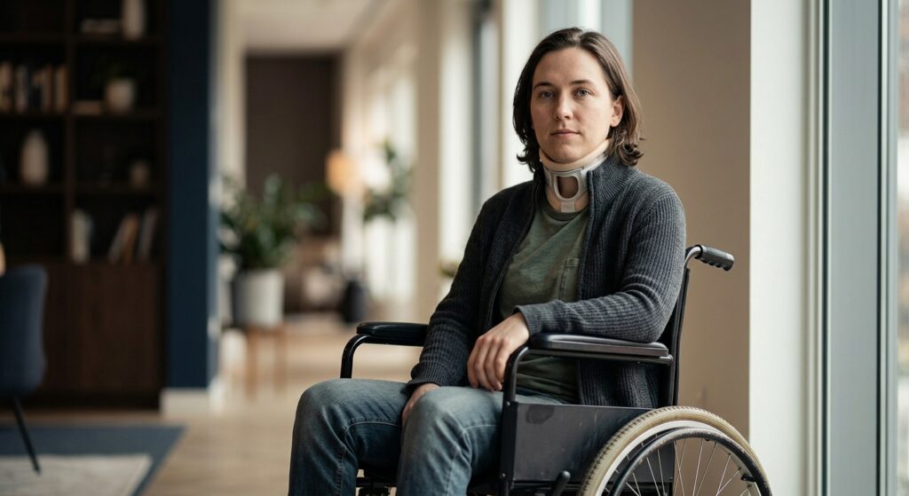Person using a wheelchair looking forward with quiet resolve after a catastrophic spinal injury.