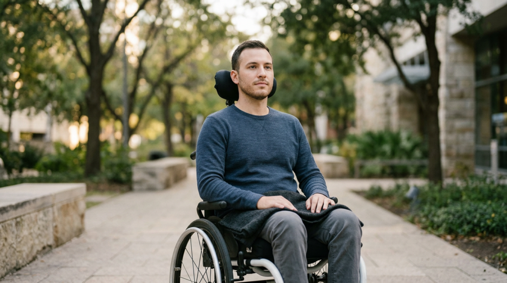 a person who uses a wheelchair looking forward with quiet resolve, catastrophic spinal injury