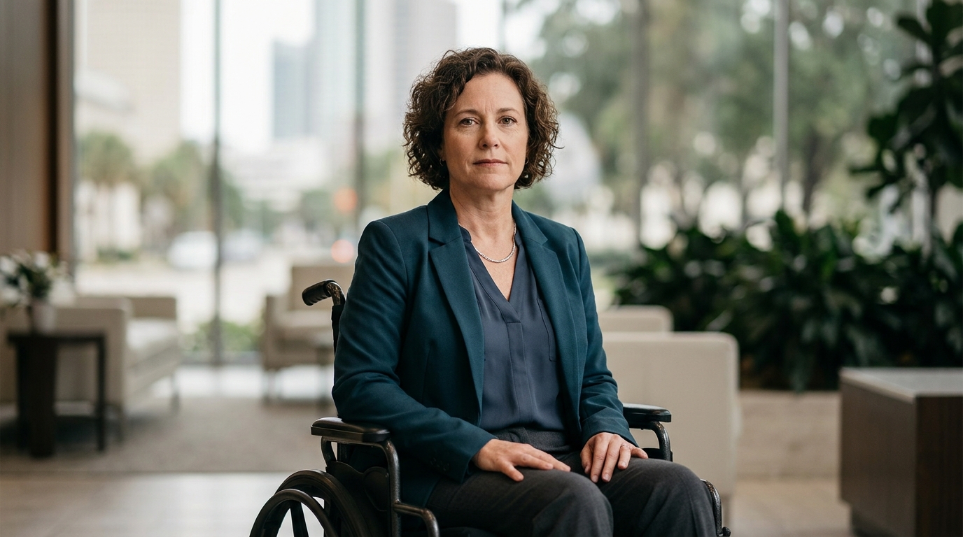 Person using a wheelchair looking forward with quiet resolve after a catastrophic spinal injury.