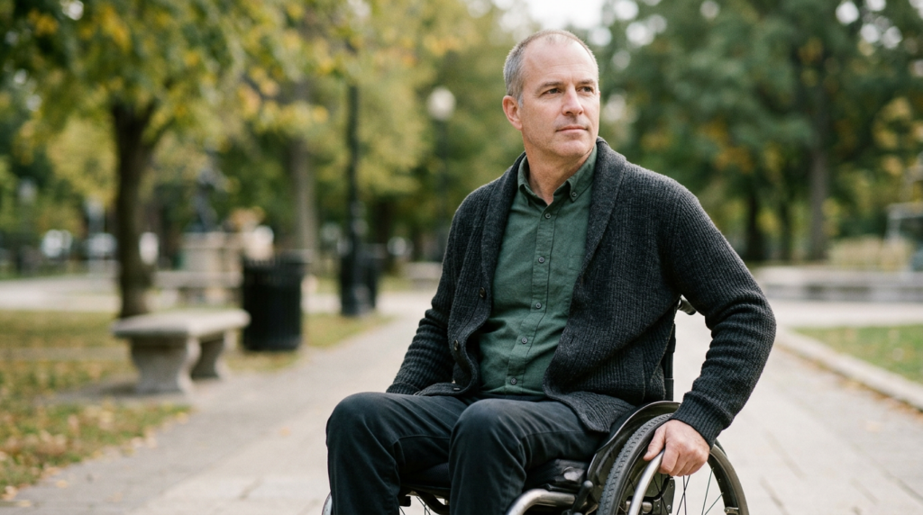 a person who uses a wheelchair looking forward with quiet resolve, catastrophic spinal injury