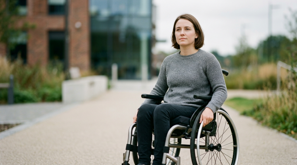 Person using a wheelchair looking forward with quiet resolve after a catastrophic spinal injury.