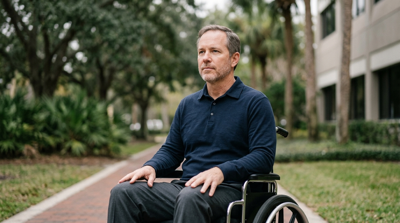 Person using a wheelchair looking forward with quiet resolve after a catastrophic spinal injury.