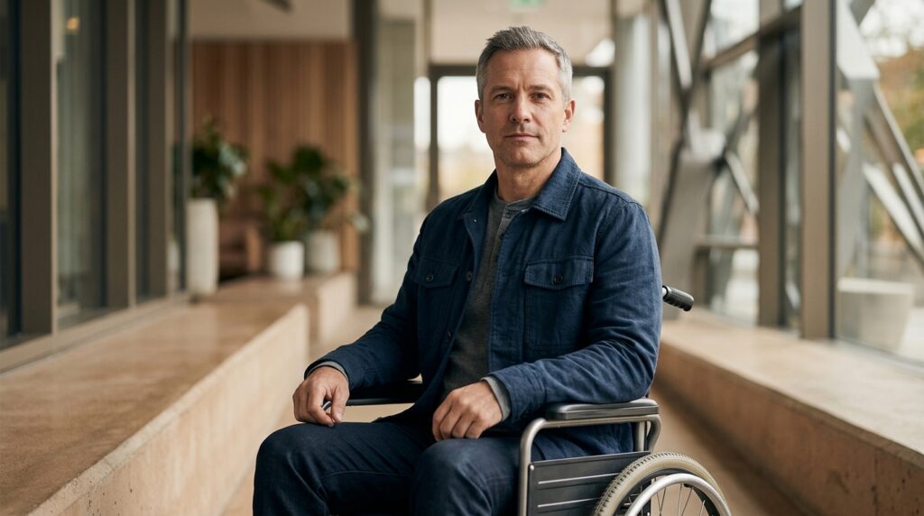 Person using a wheelchair looking forward with quiet resolve after catastrophic spinal injury.