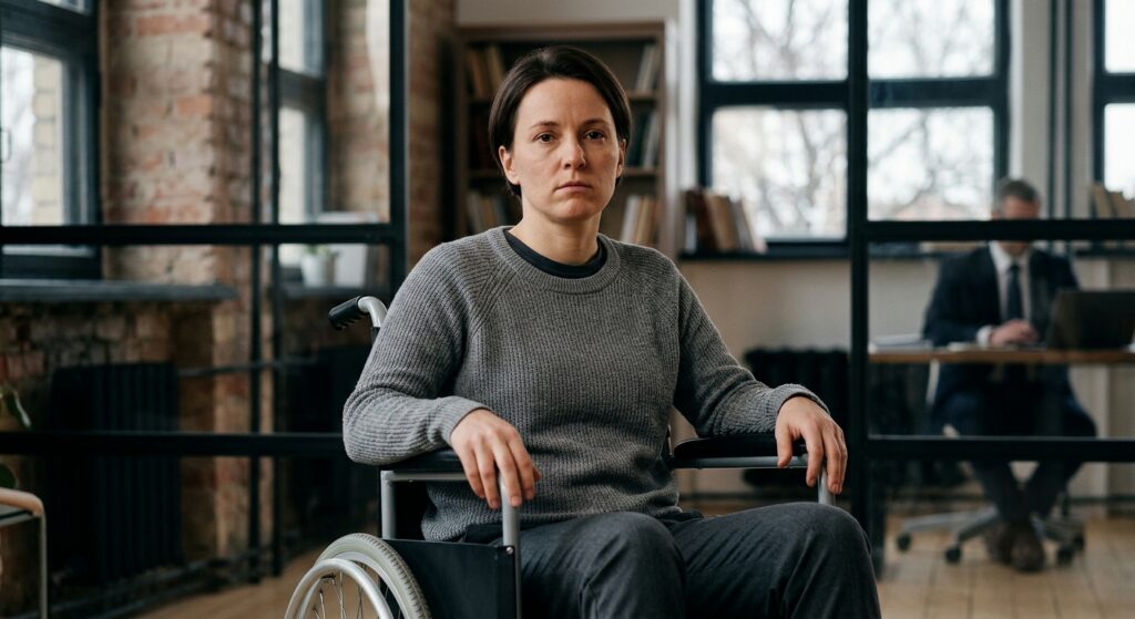Person using a wheelchair looking forward with quiet resolve after a catastrophic spinal injury.
