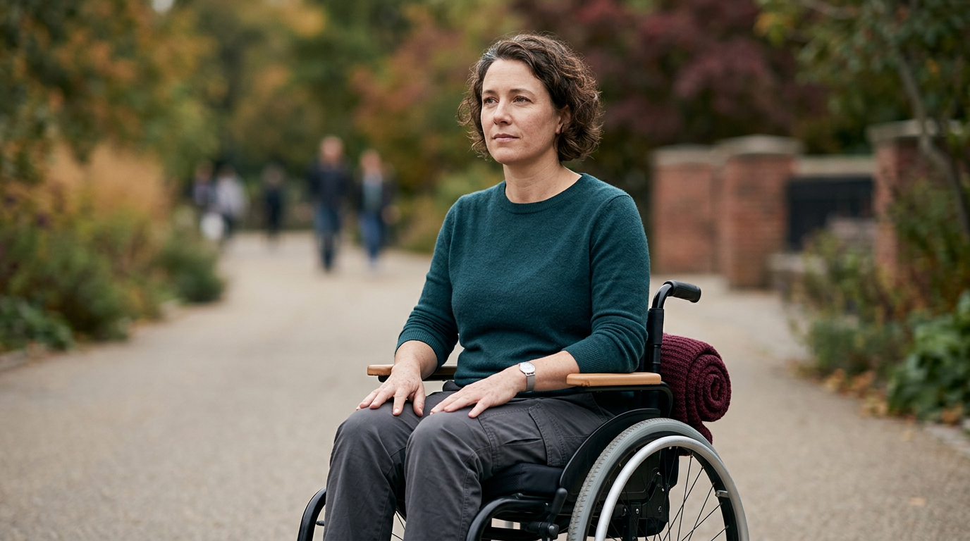 Person using a wheelchair looking forward with quiet resolve after spinal injury.