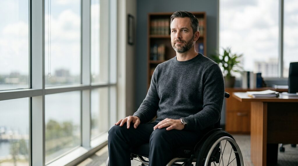 Person using a wheelchair looking forward with quiet resolve after a catastrophic spinal injury.
