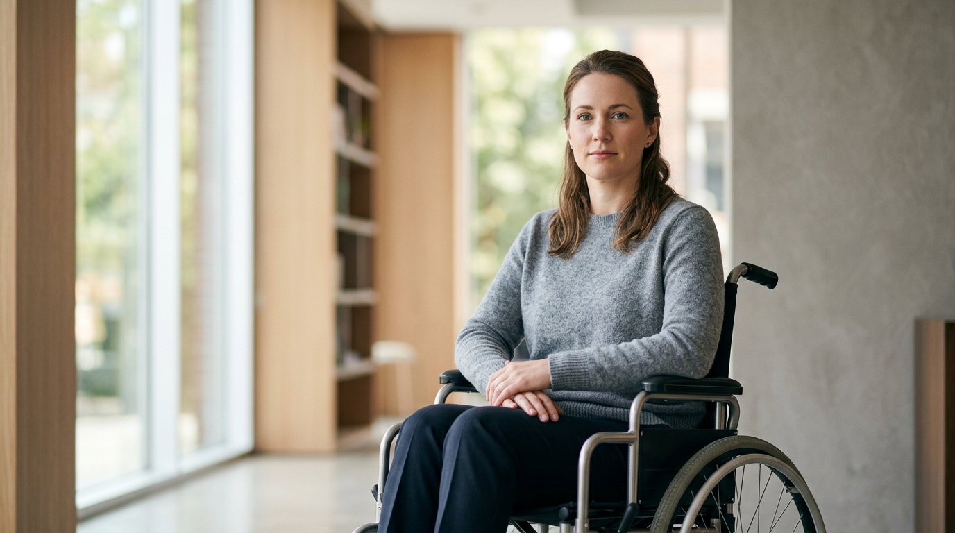 Person using a wheelchair looking forward with quiet resolve after a catastrophic spinal injury.