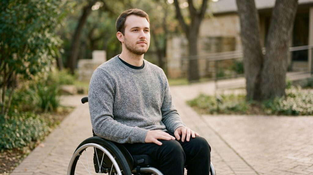 Person using a wheelchair looking forward with quiet resolve after a spinal injury.