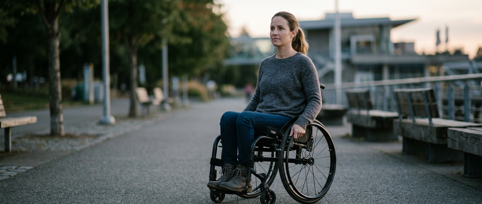 Person using a wheelchair looking forward with quiet resolve after a catastrophic spinal injury.