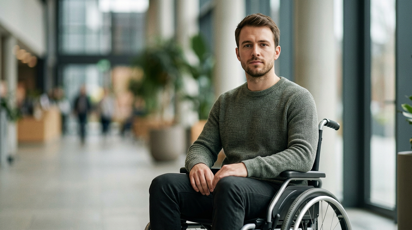 Person using a wheelchair looking forward with quiet resolve after a catastrophic spinal injury.