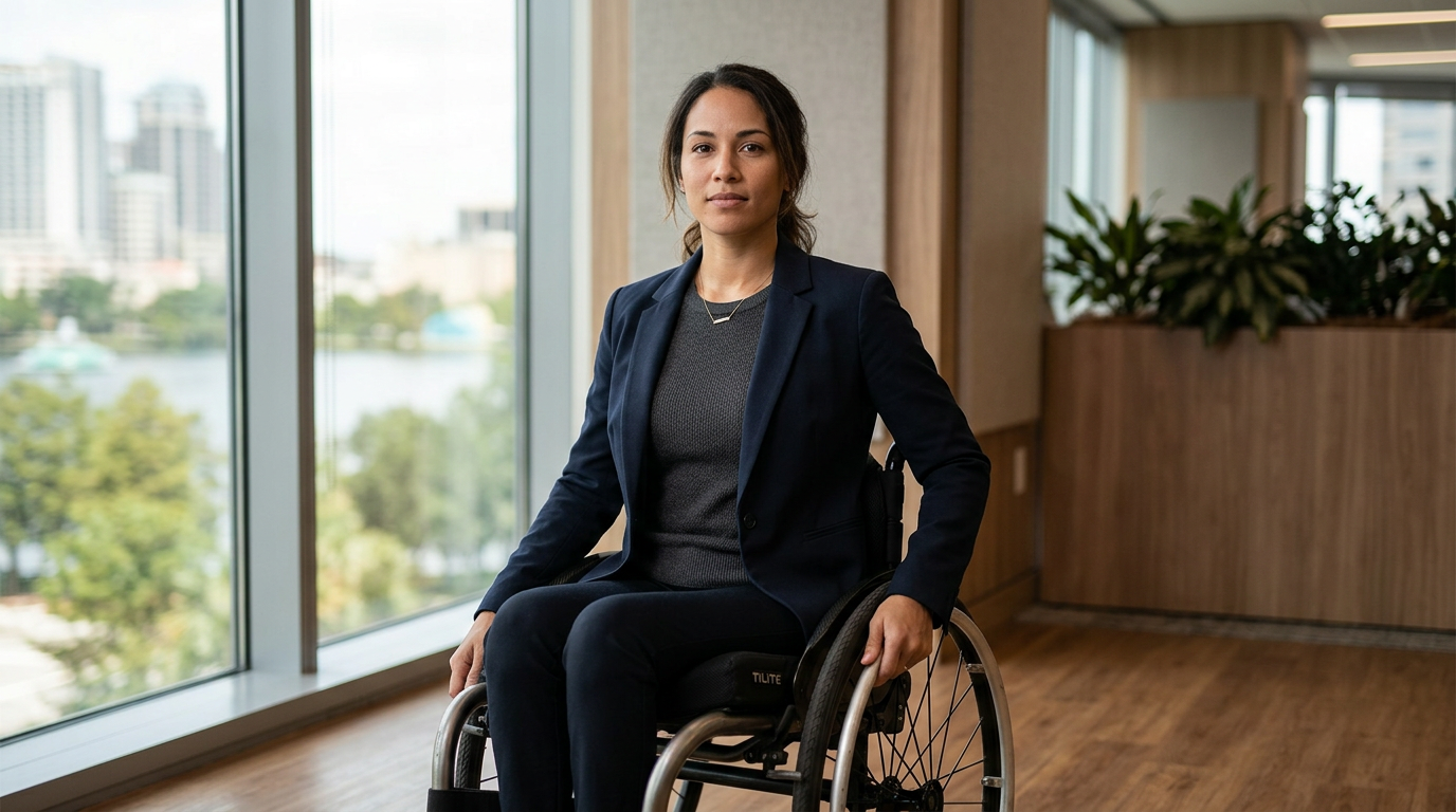 Person using a wheelchair looking forward with quiet resolve after a catastrophic spinal injury.