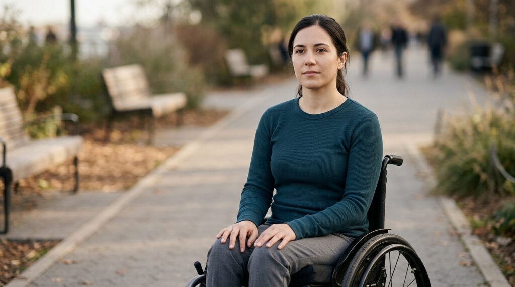 Person using a wheelchair looks forward with quiet resolve after a catastrophic spinal injury.