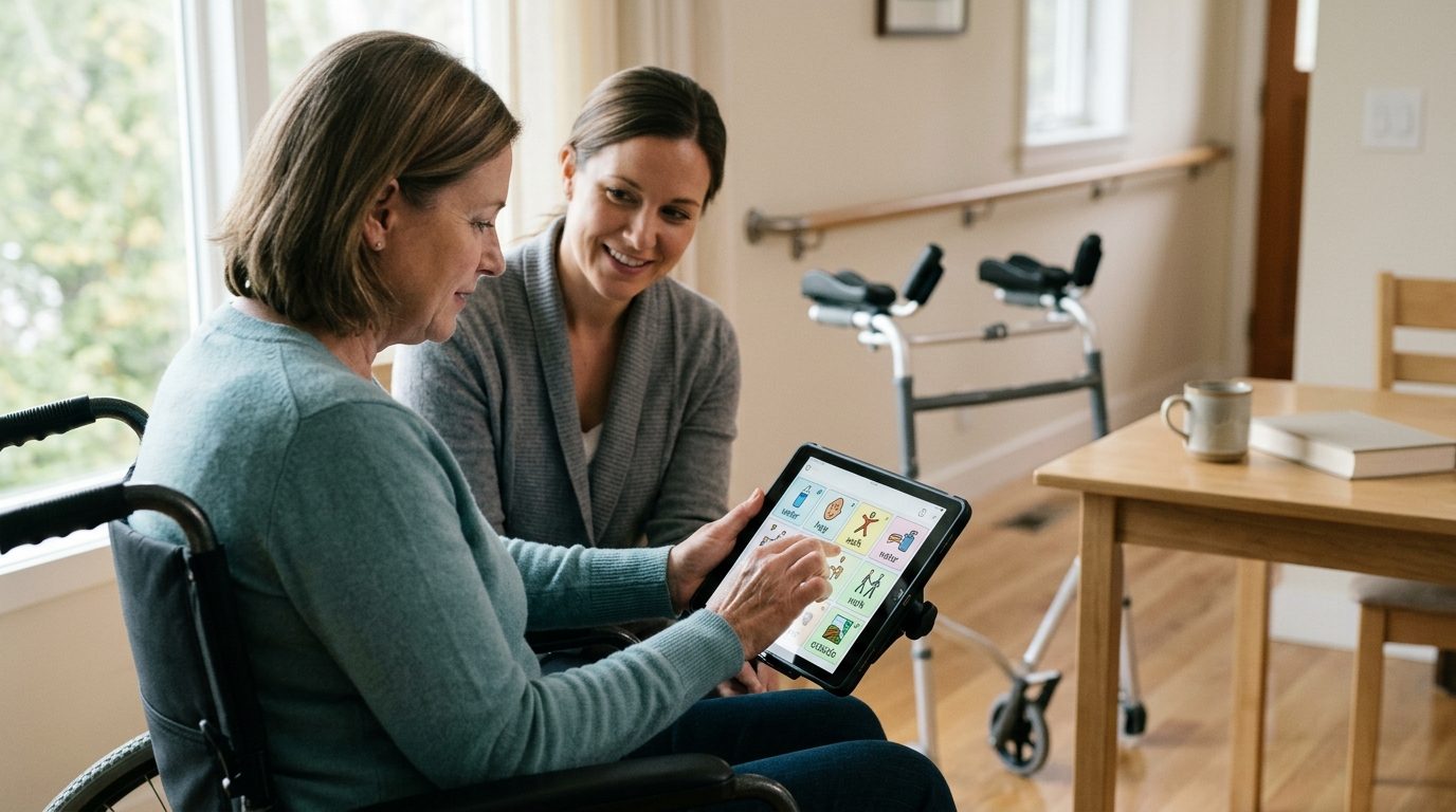 Person using communication device and mobility support during brain injury recovery therapy.