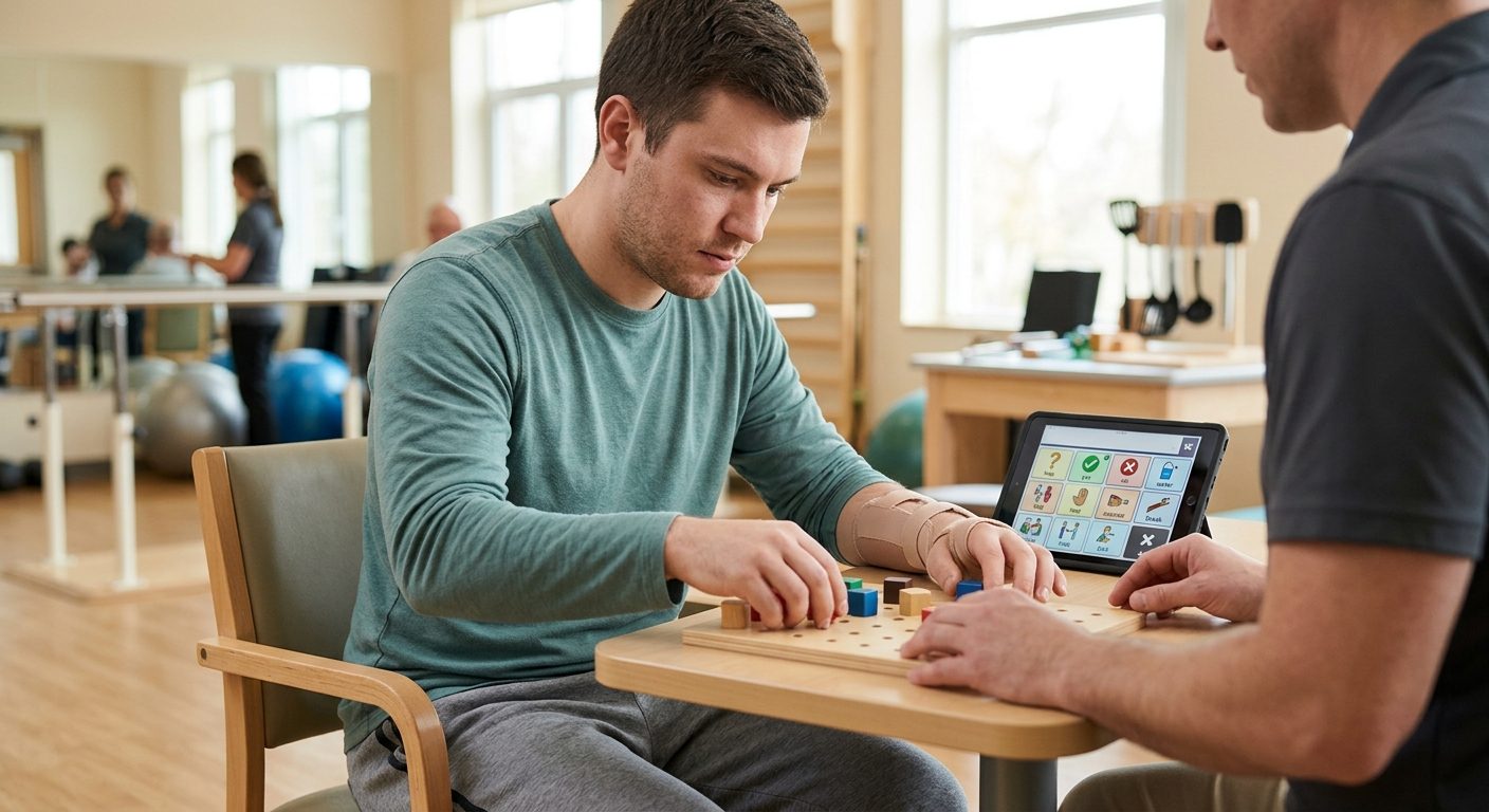 Person using communication device and mobility support during rehabilitation after drowning-related brain injury.