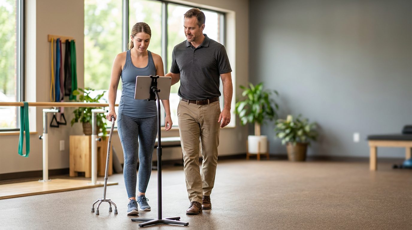 Person using mobility and communication aids during rehabilitation after brain injury.