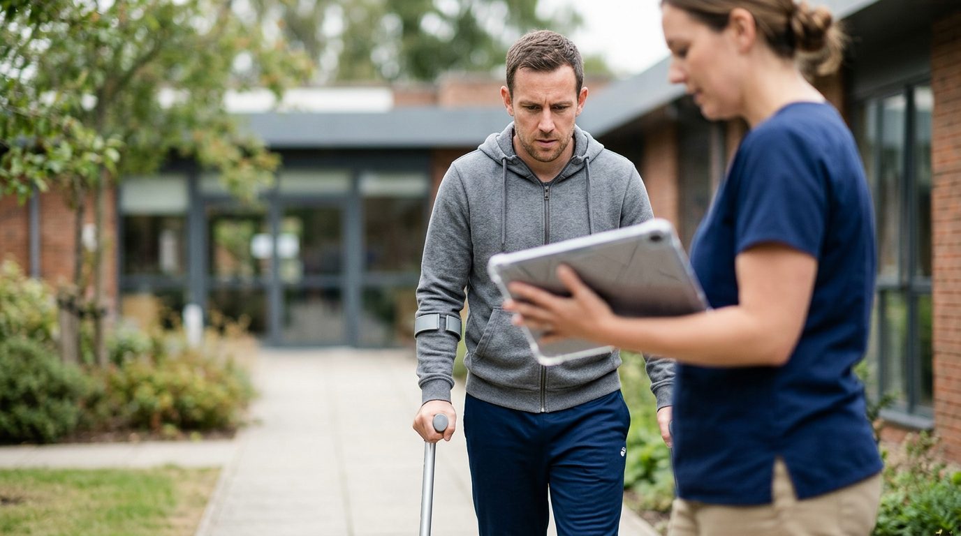 Person using mobility support and communication device during rehabilitation after brain injury.