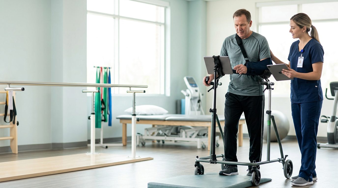 Person using mobility support and communication device during rehabilitation after drowning brain injury.