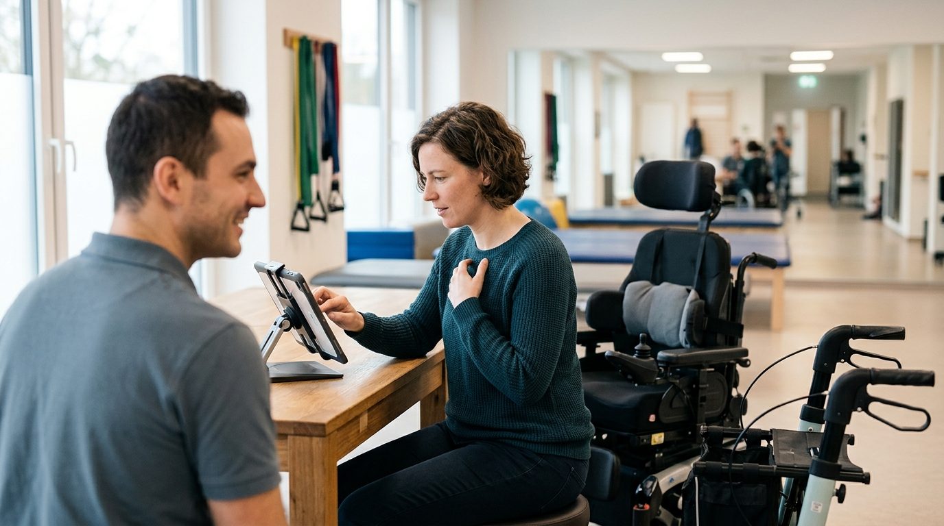 Person using mobility support and communication device during rehabilitation after spinal injury.