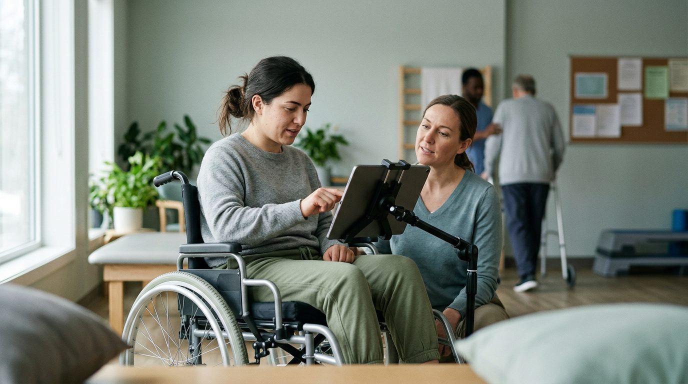 Person using mobility support and communication device during rehabilitation after brain injury.