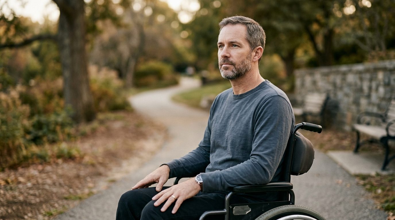 Person using wheelchair looking forward with determination after spinal injury.