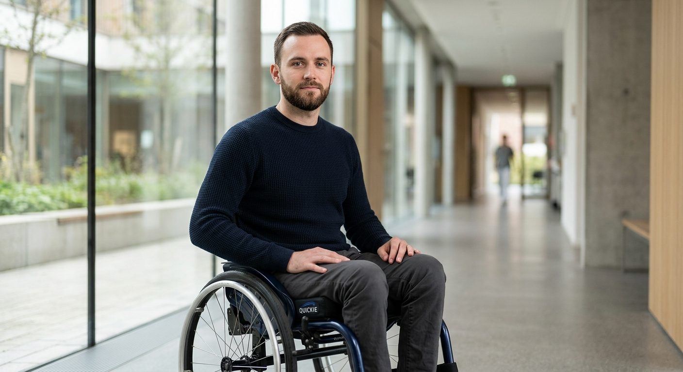 Person using wheelchair looking forward with determination after spinal injury.