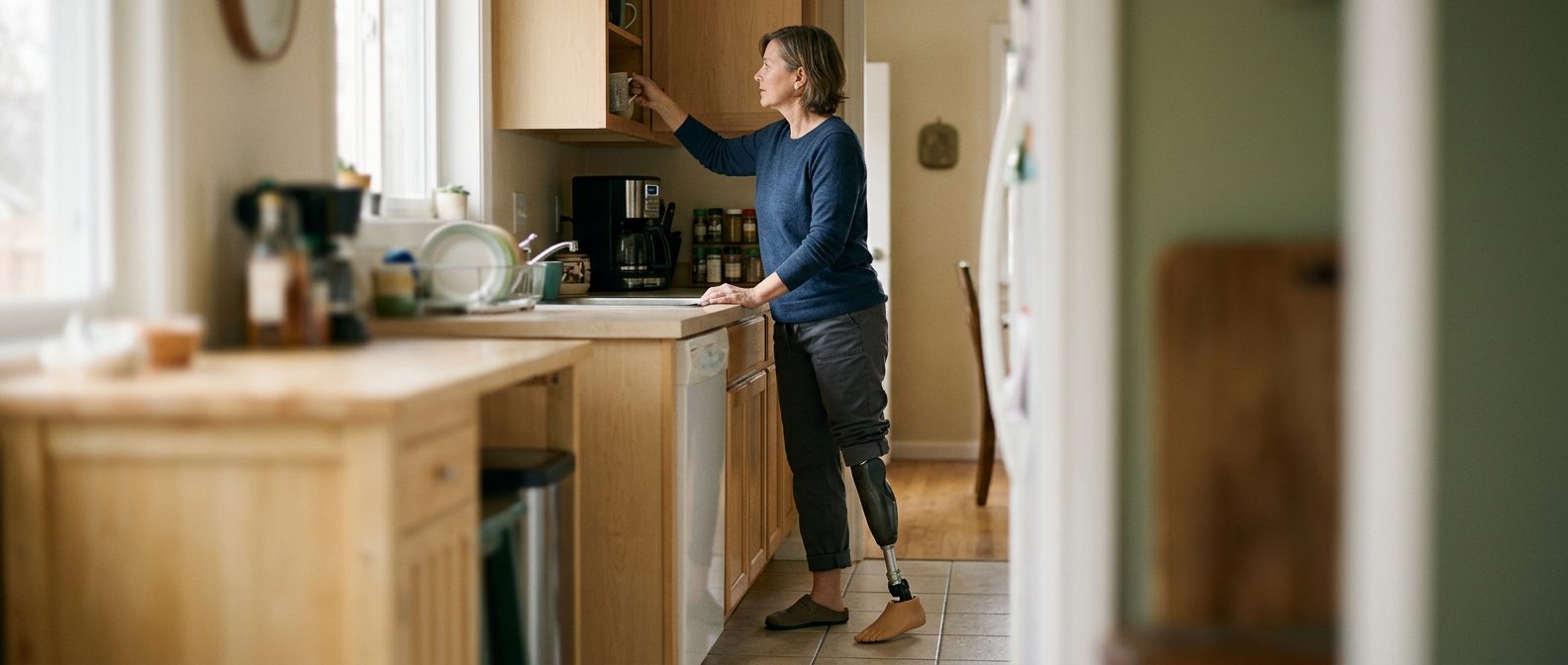 Person wearing a prosthetic leg while standing and exercising for rehabilitation.