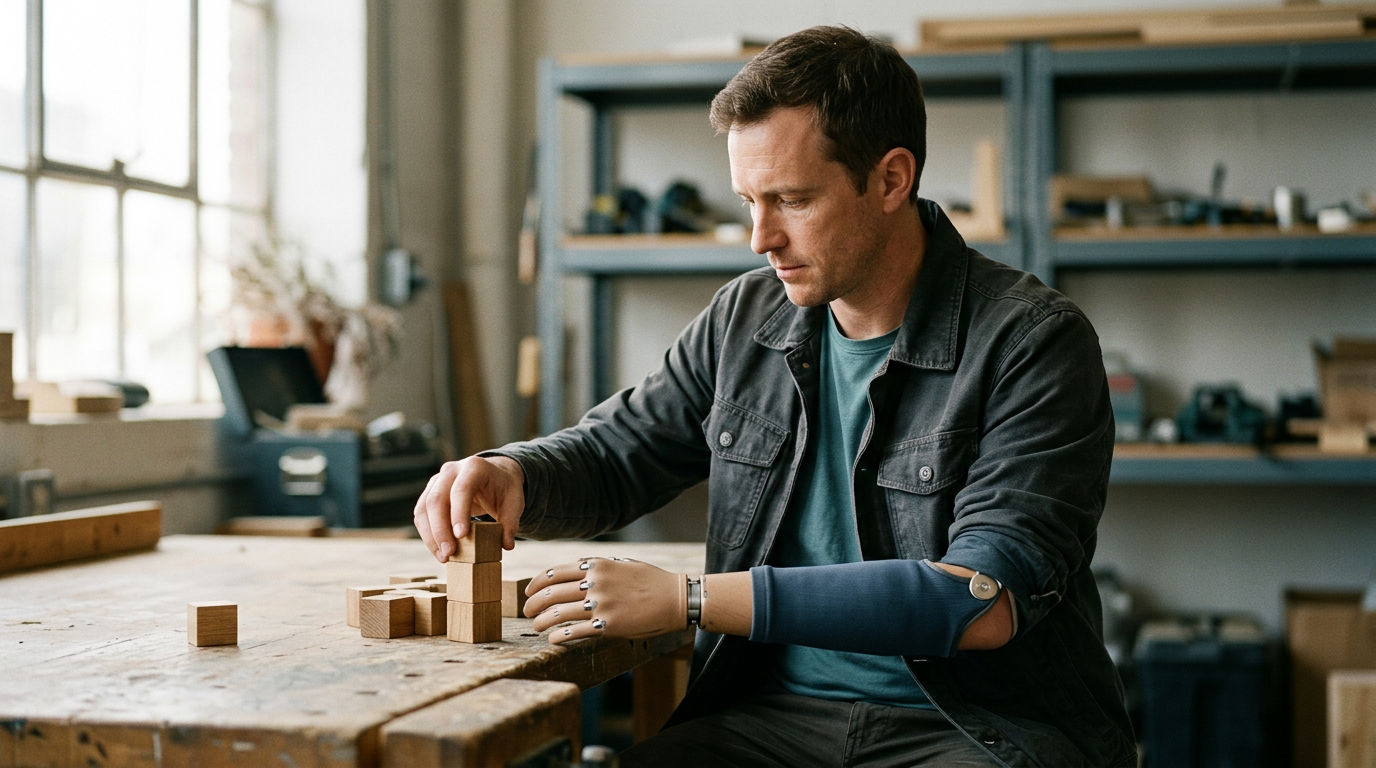 Person with a prosthetic arm practicing everyday tasks to regain independence after an amputation.