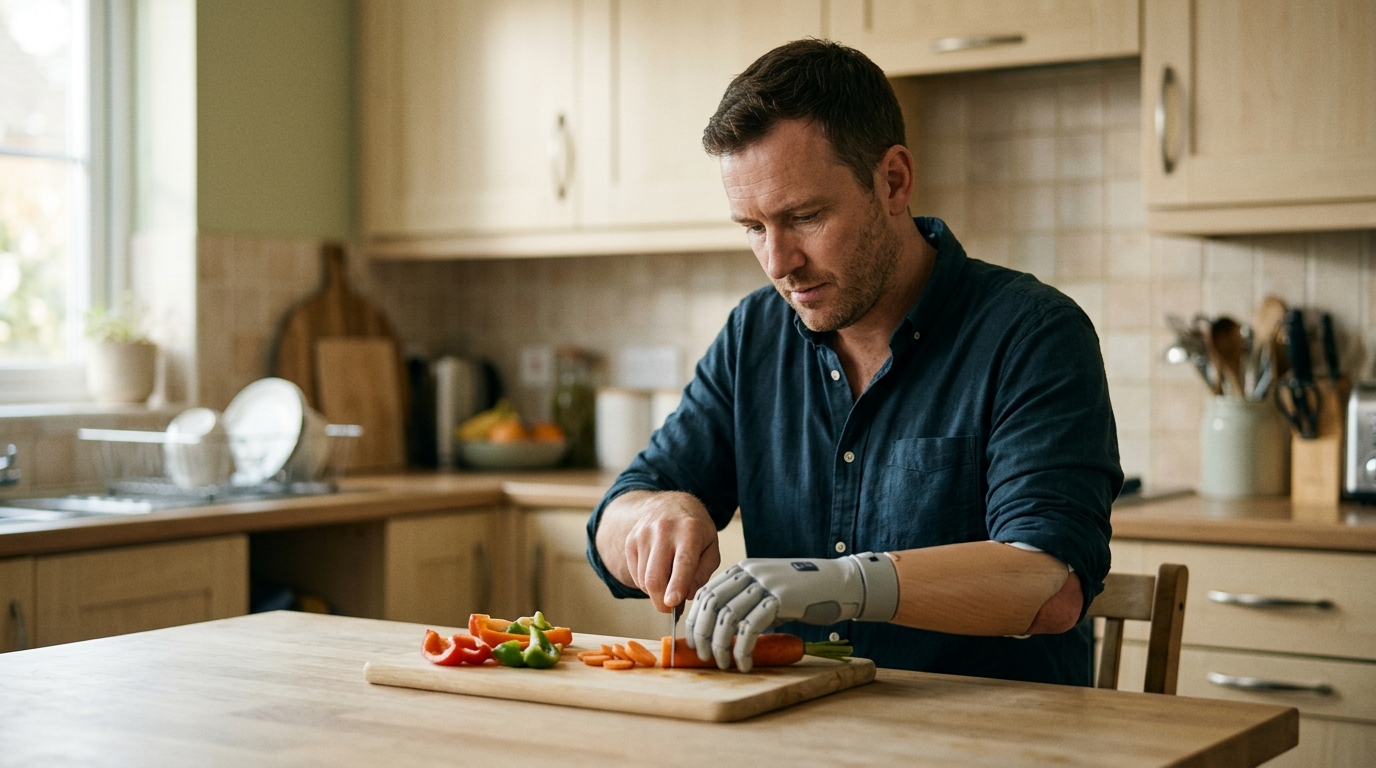 Person with a prosthetic arm using it to perform an everyday task independently.