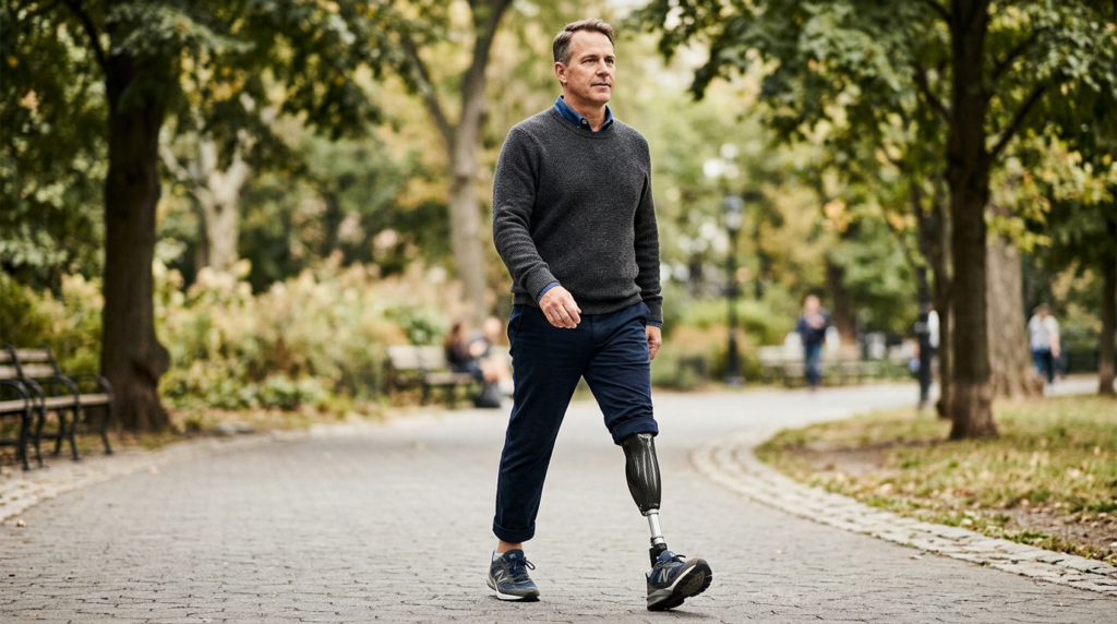 Person with a prosthetic leg confidently practicing everyday mobility while walking.