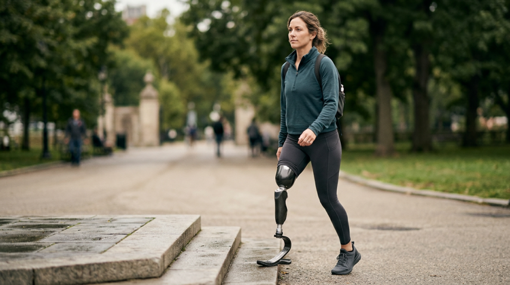 Person with a prosthetic leg confidently practicing everyday walking and mobility.