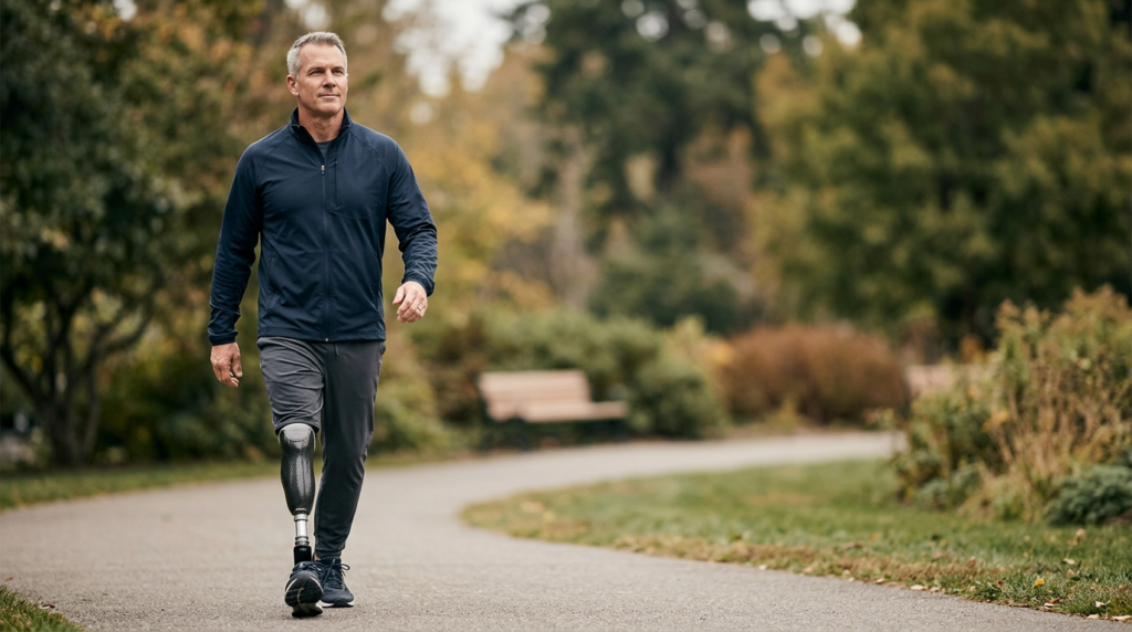 Person with a prosthetic leg practicing everyday mobility and walking confidently.
