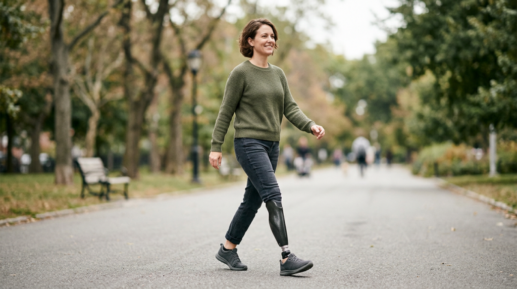 Person with a prosthetic leg practicing everyday walking and mobility.
