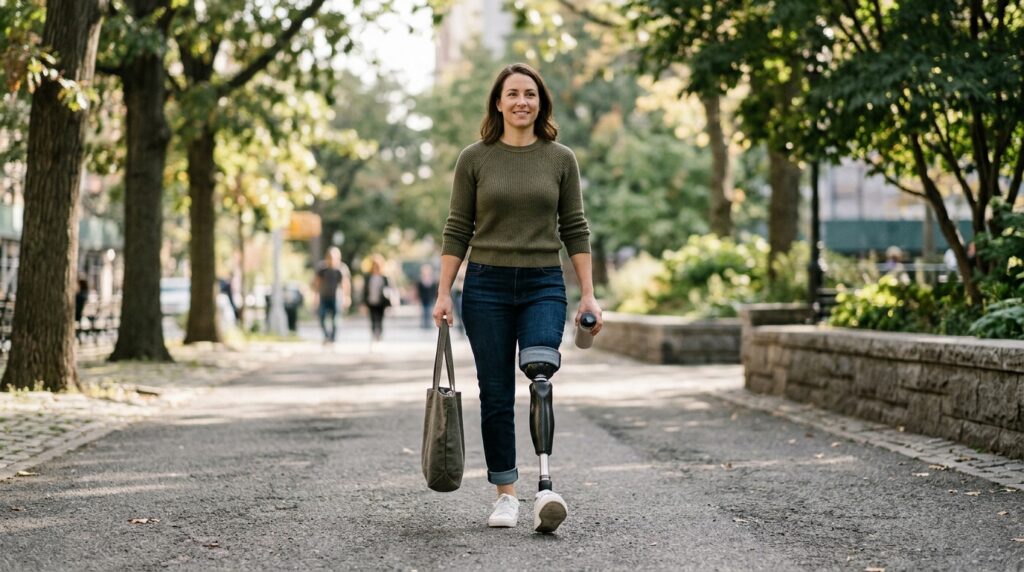 Person with a prosthetic leg practicing everyday walking and mobility with confidence.