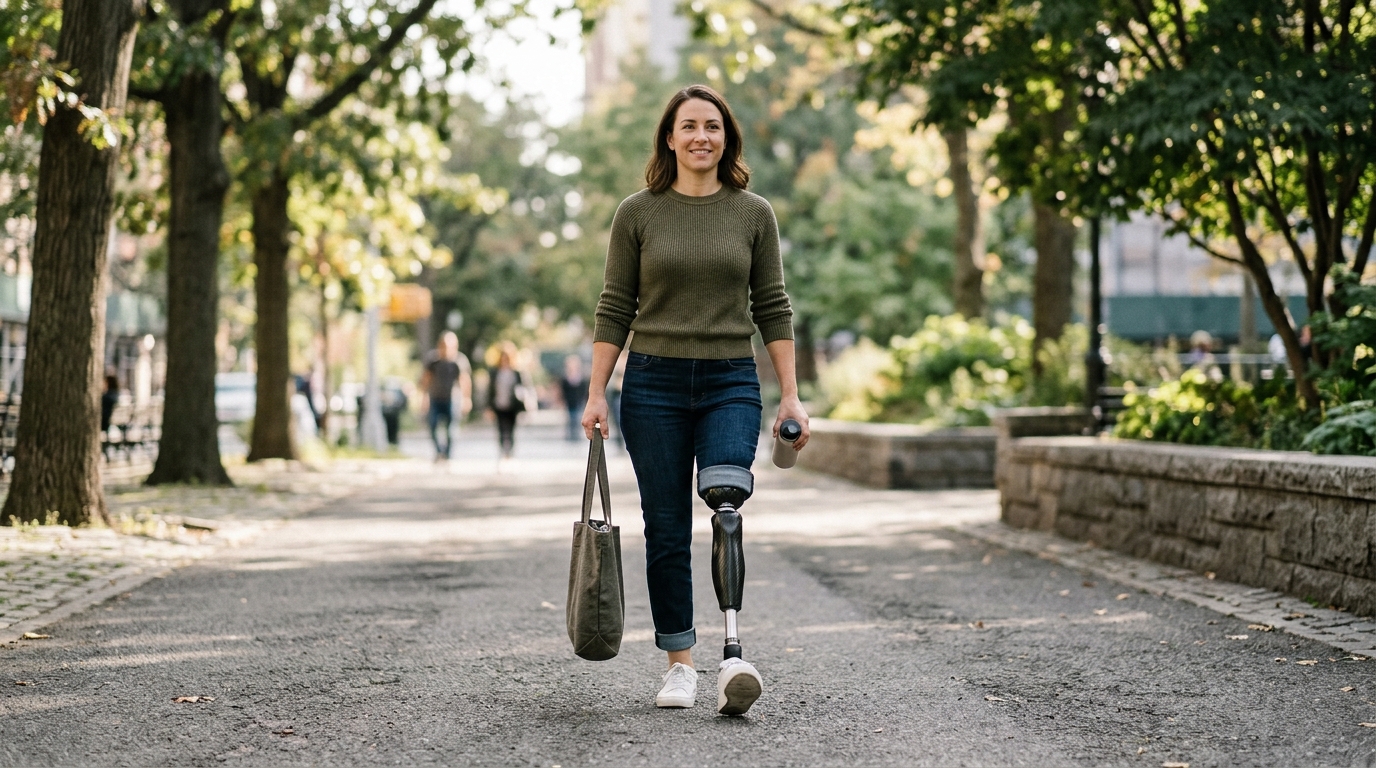 Person with a prosthetic leg practicing everyday walking and mobility with confidence.