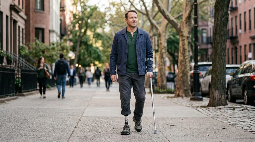 Person with a prosthetic leg practicing walking and everyday mobility.