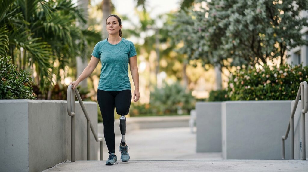 Person with a prosthetic leg practicing walking and everyday mobility.