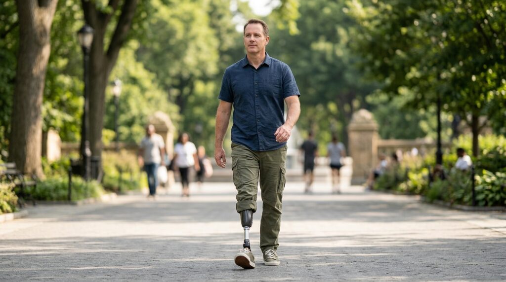 Person with a prosthetic leg practicing walking and everyday mobility.