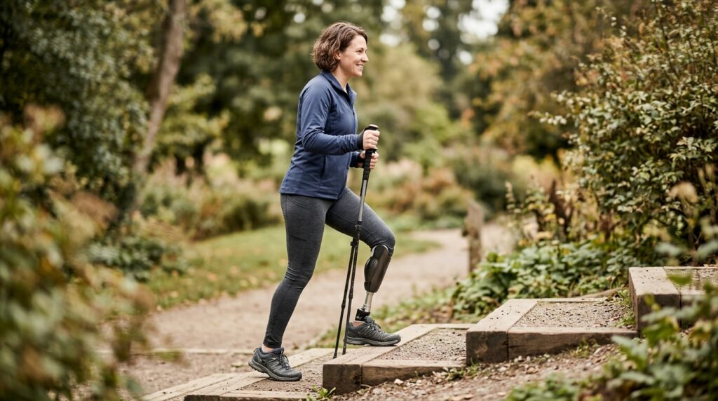 Person with a prosthetic leg practicing walking and everyday mobility with confidence.