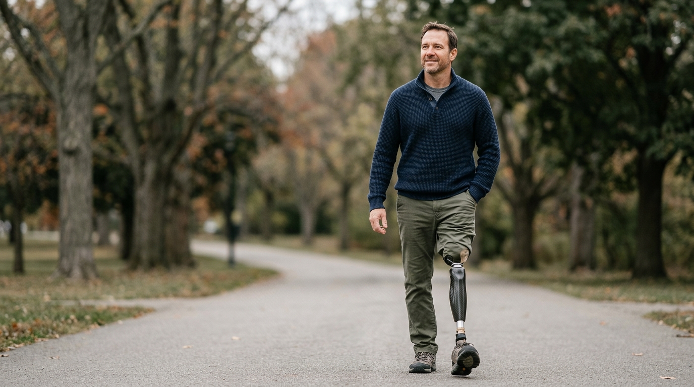 Person with a prosthetic leg practicing walking and everyday mobility.