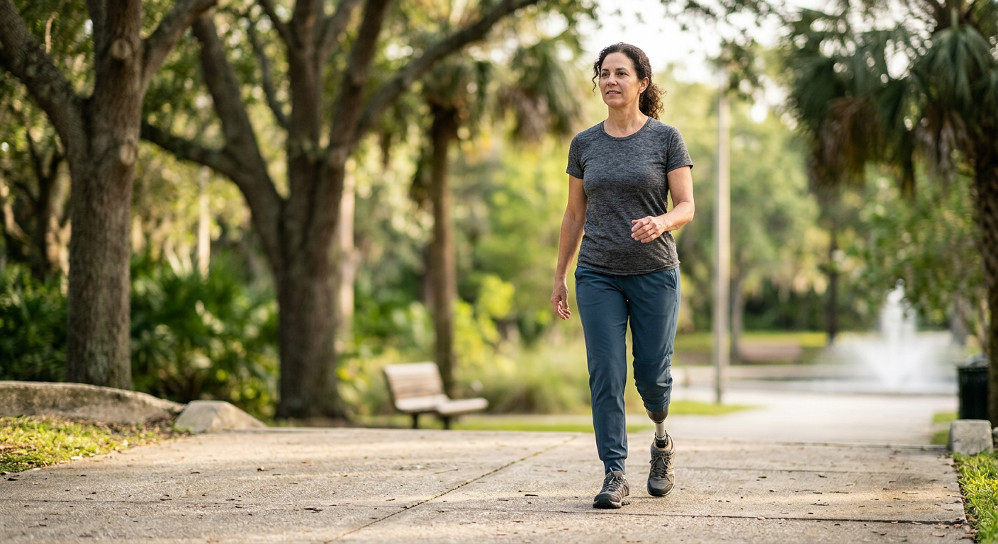 Person with a prosthetic leg practicing walking and everyday mobility.