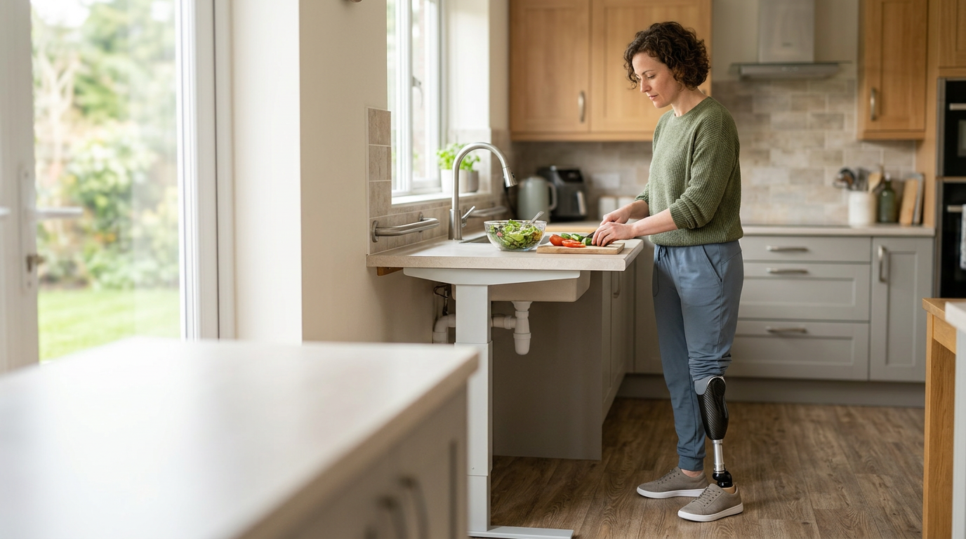 Person with a prosthetic leg practicing walking at home while regaining daily independence after an amputation.