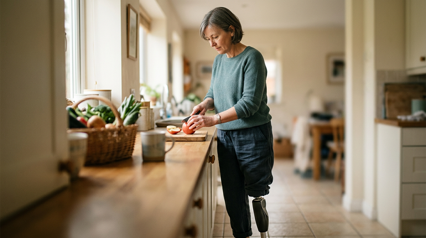 Person with a prosthetic leg practicing walking during rehabilitation to regain daily independence.
