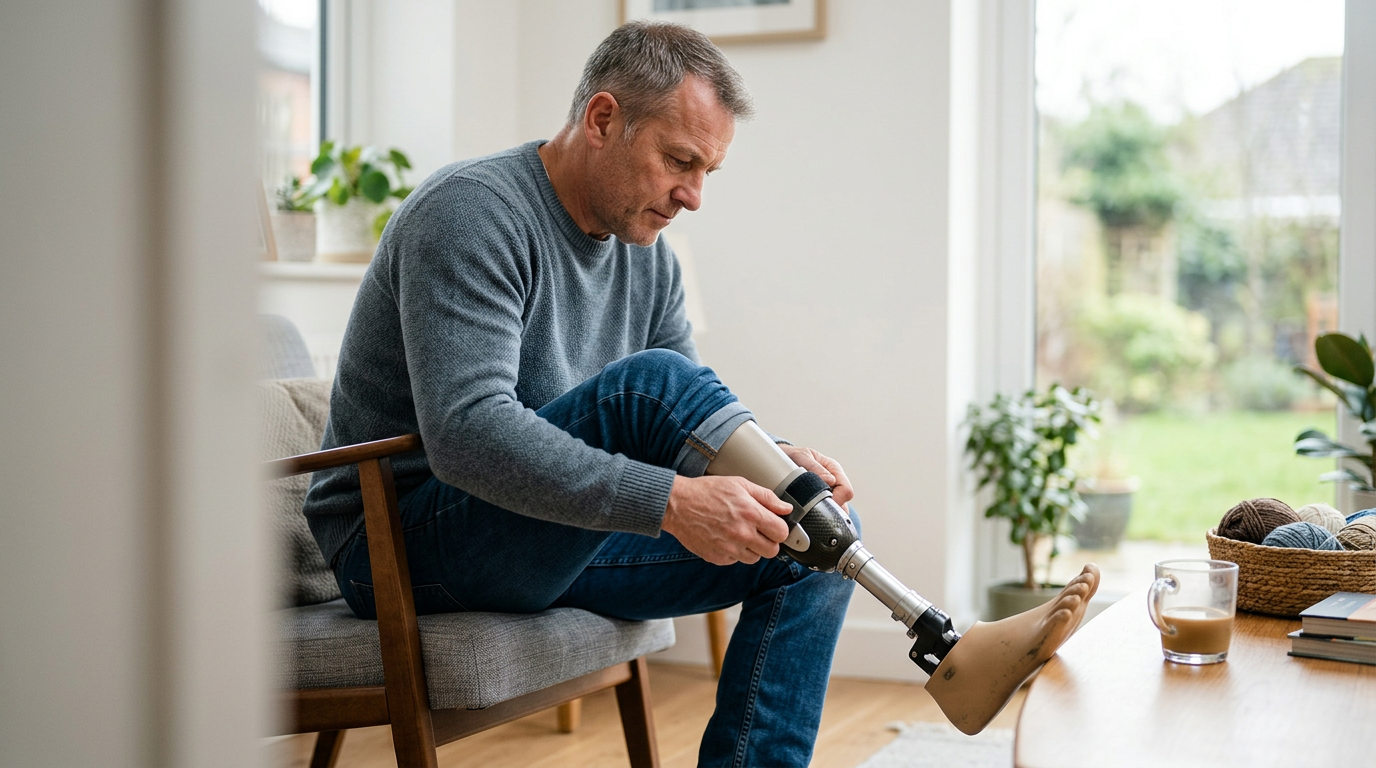 Person with a prosthetic leg practicing walking to rebuild daily independence after amputation.