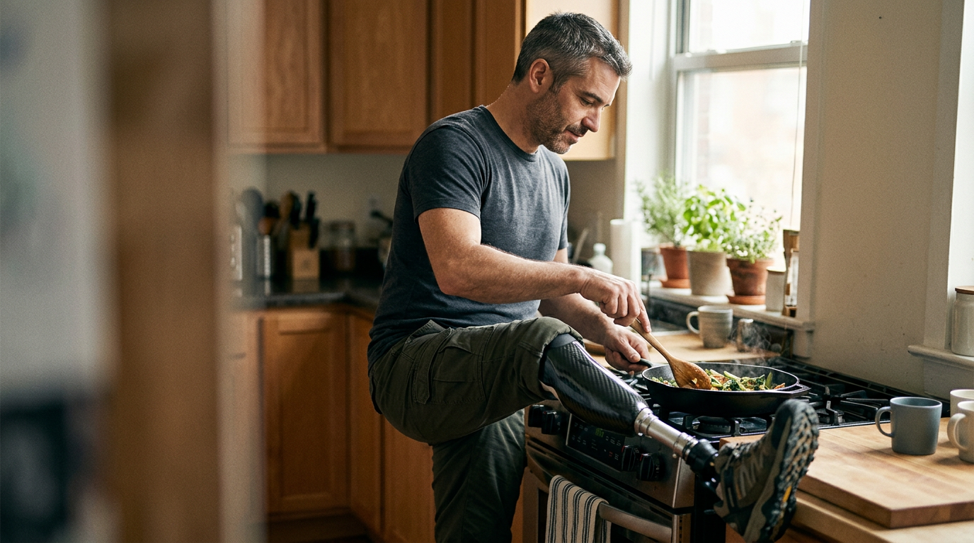 Person with a prosthetic leg practicing walking to rebuild daily independence after amputation.