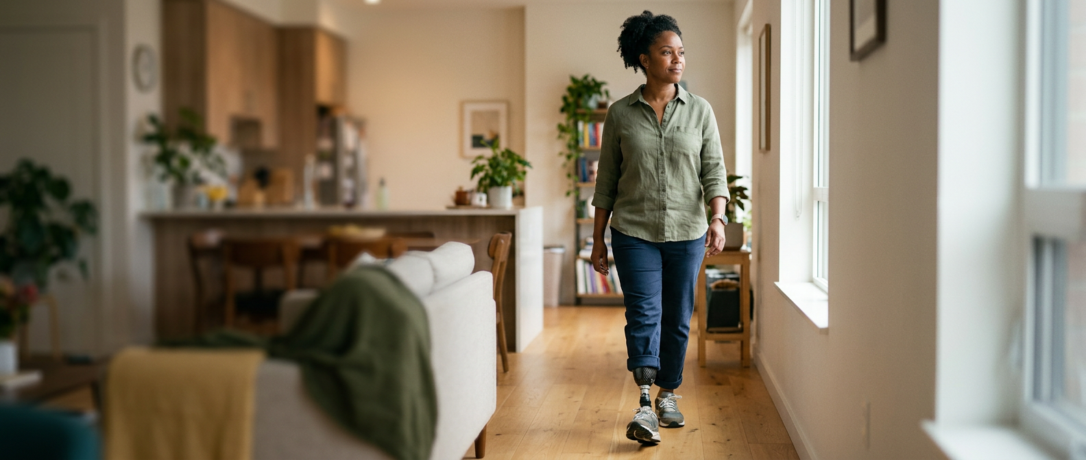 Person with a prosthetic leg practicing walking to rebuild daily independence after amputation.